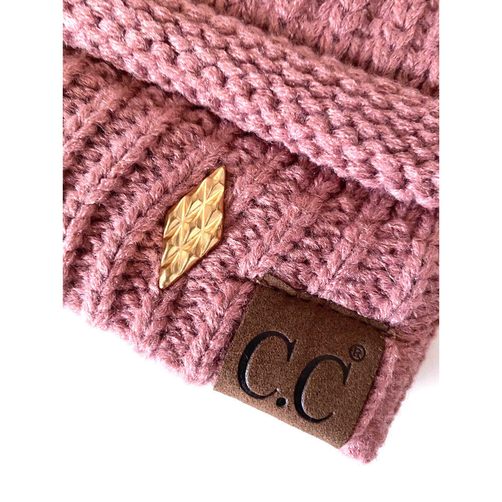 New Adult Size CC Pink Cable Knit Beanie Tail Ponytail Hat w/ Gold Details - Picture 2 of 6